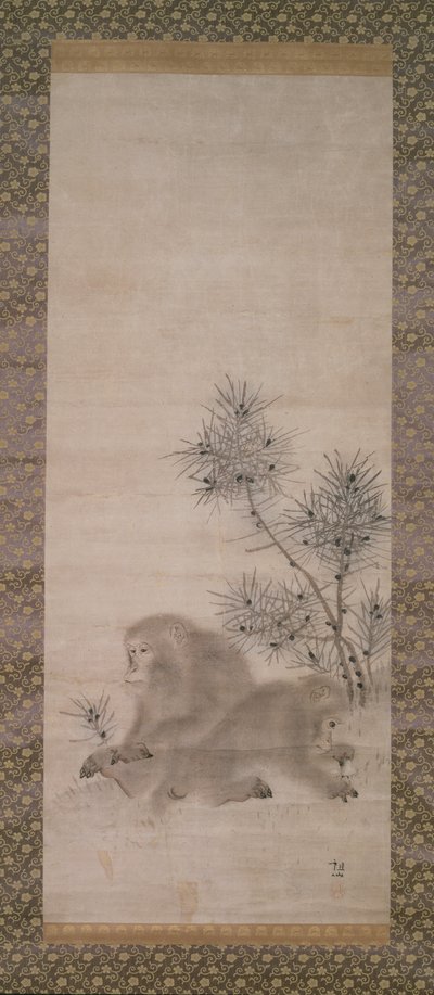 Monos con pinos jóvenes y mariposa, c.1800 de Mori Sosen